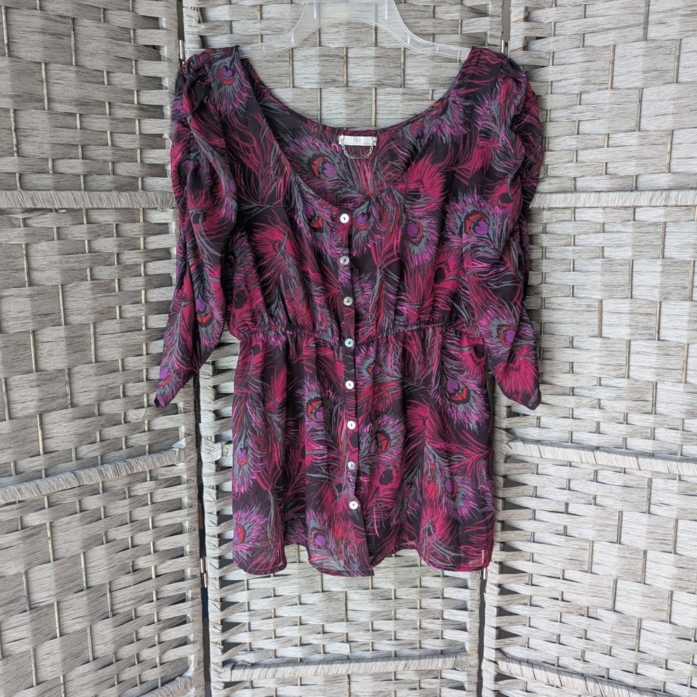 Blouse Red Purple Black Peacock Print Ruched 3/4 Sleeve Lg Whimsigoth Romantic